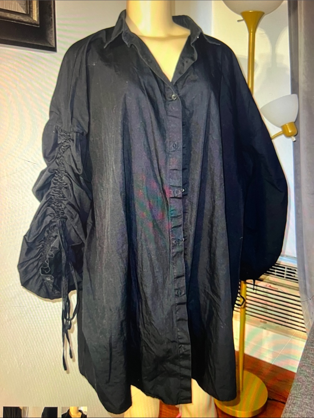 Oversized Black Button-Up Shirt with Ruched Sleeves